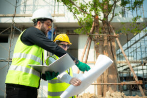 Image of construction workers looking at a design plan on site